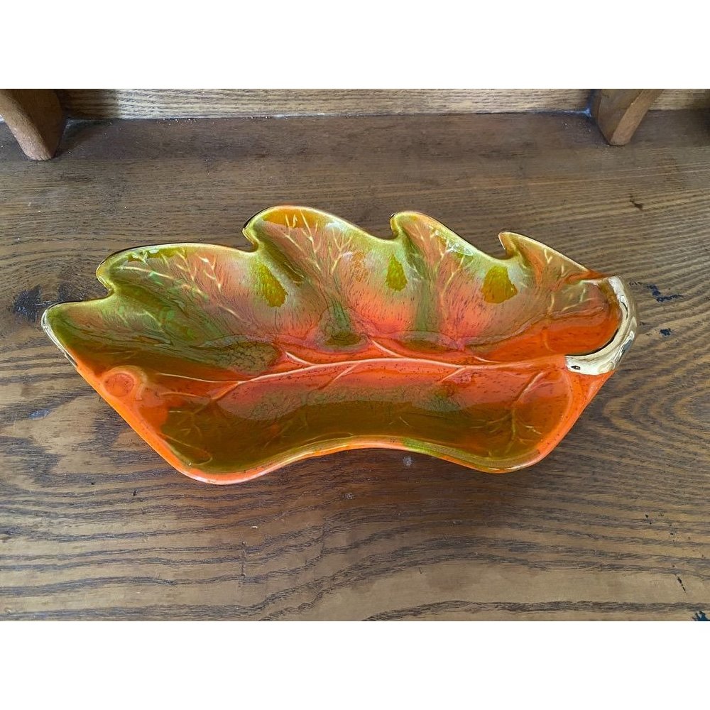 Vintage California Pottery Green Orange 1970's Leaf Dish